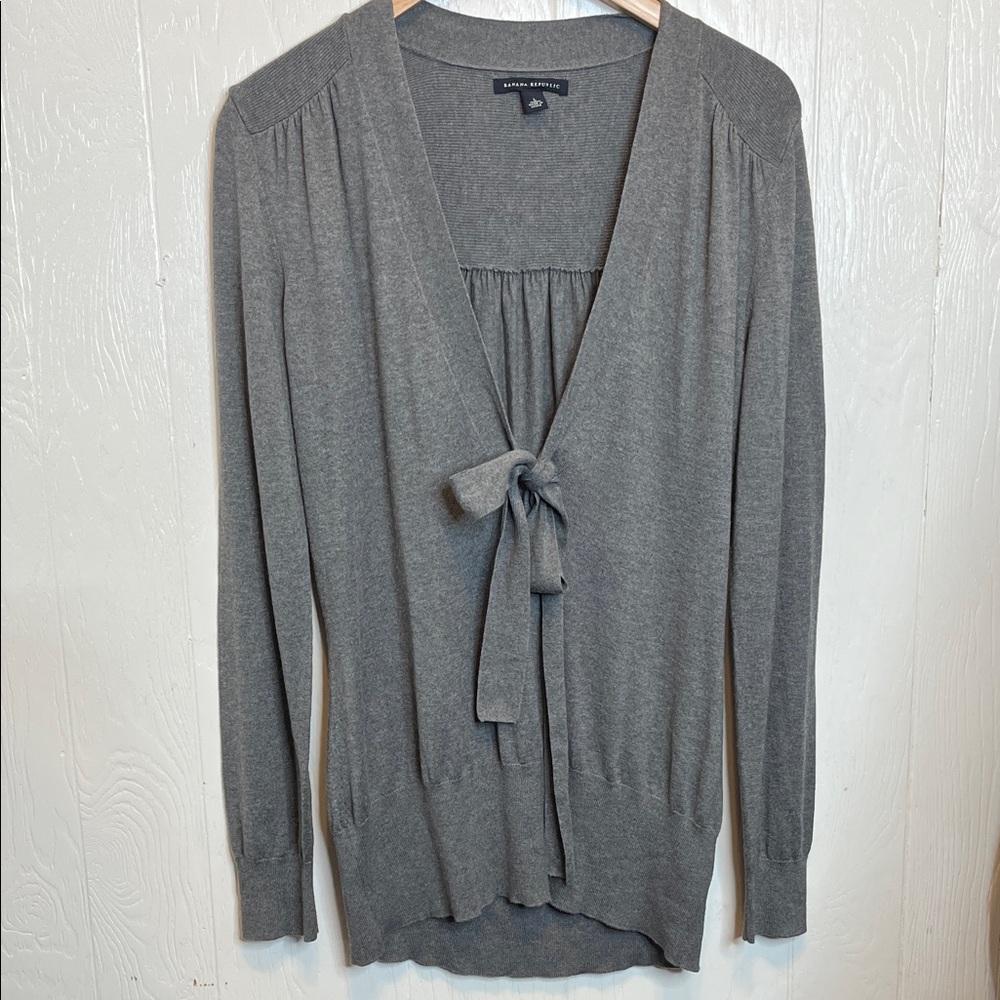 Banana Republic Gray V-Neck Sweater Tie Detail Silk Cashmere Blend L